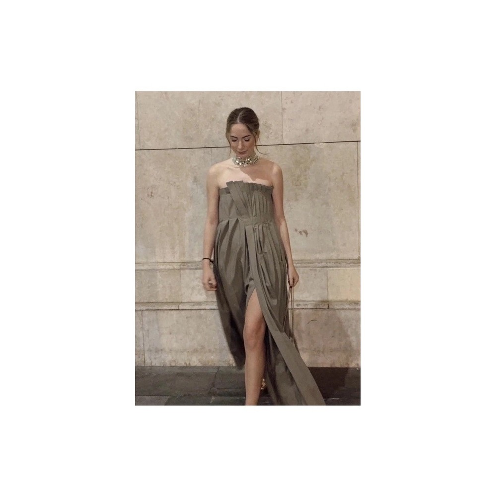Zara Olive Strapless High-Slit Pleated Gown